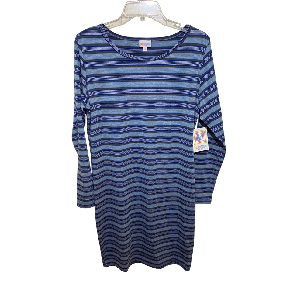 LuLaRoe Debbie Dress XL Blue Grey Striped Long Sleeve Scoop Neck NWT